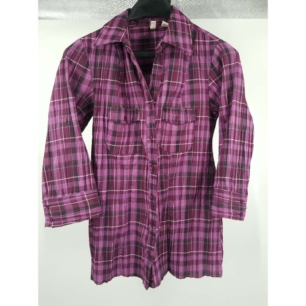St. Johns Bay Womens Button Up Shirt Purple Plaid 3/4 Sleeve Cuff‎ Collar Medium